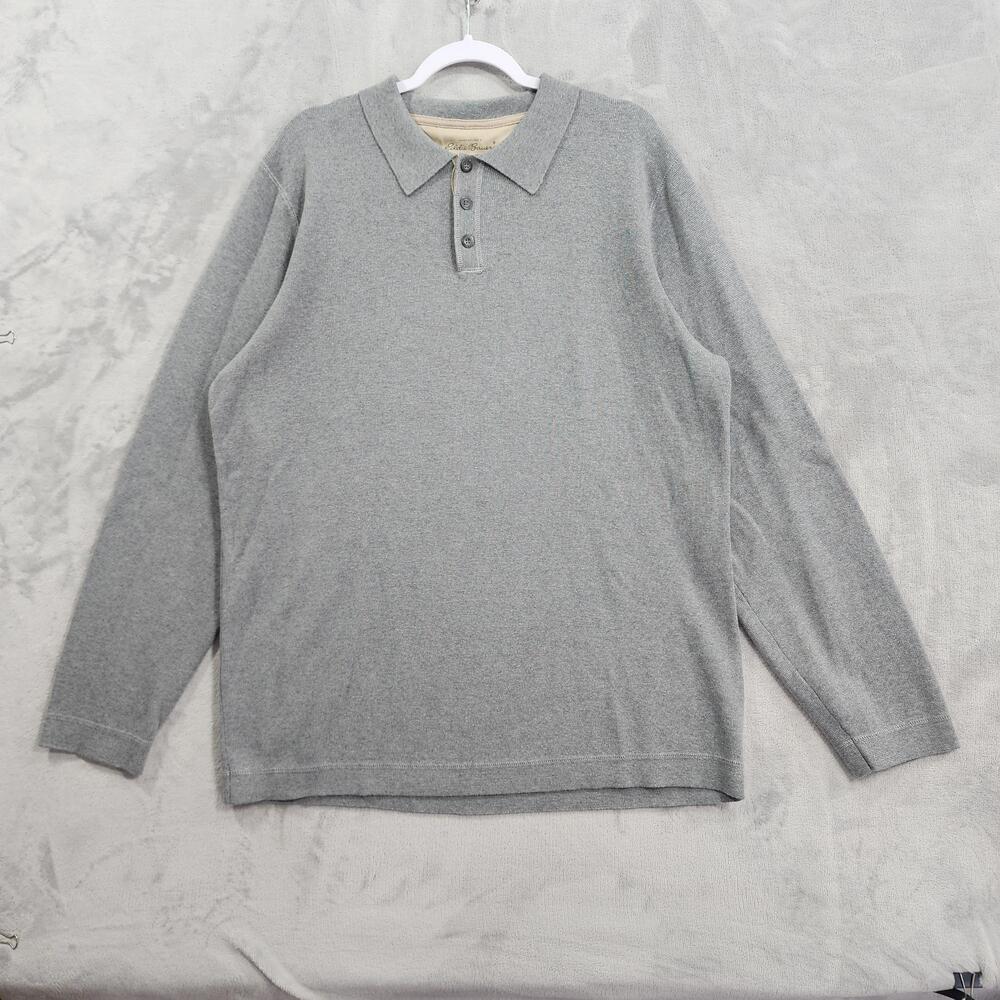 Eddie Bauer Sweater Mens XLT Gray Cotton Collared Knit Polo Long Sleeve Casual